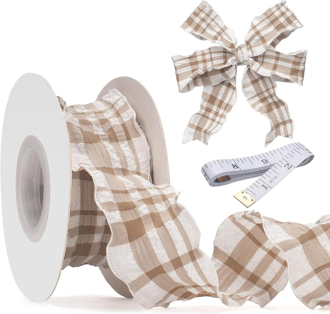 Brown Gingham Ribbon, 1.5 Inch x 10 Yards Plaid Ribbon Ruffled Edge Polyester Fabric for Wedding Invitations Bridal Bouquets Party Decoration Gift Wrapping Bow Making Ribbons (Brown and White)