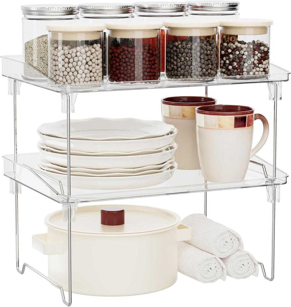 STARLATTA 2 Pcs Cabinet Organizer Shelf, Stackable Kitchen Counter Shelves, Spice Rack,Countertop Organizers, Clear Plastic Storage Shelves Rack for Makeup,Bathroom,Cupboard,Desk,Pantry Organization