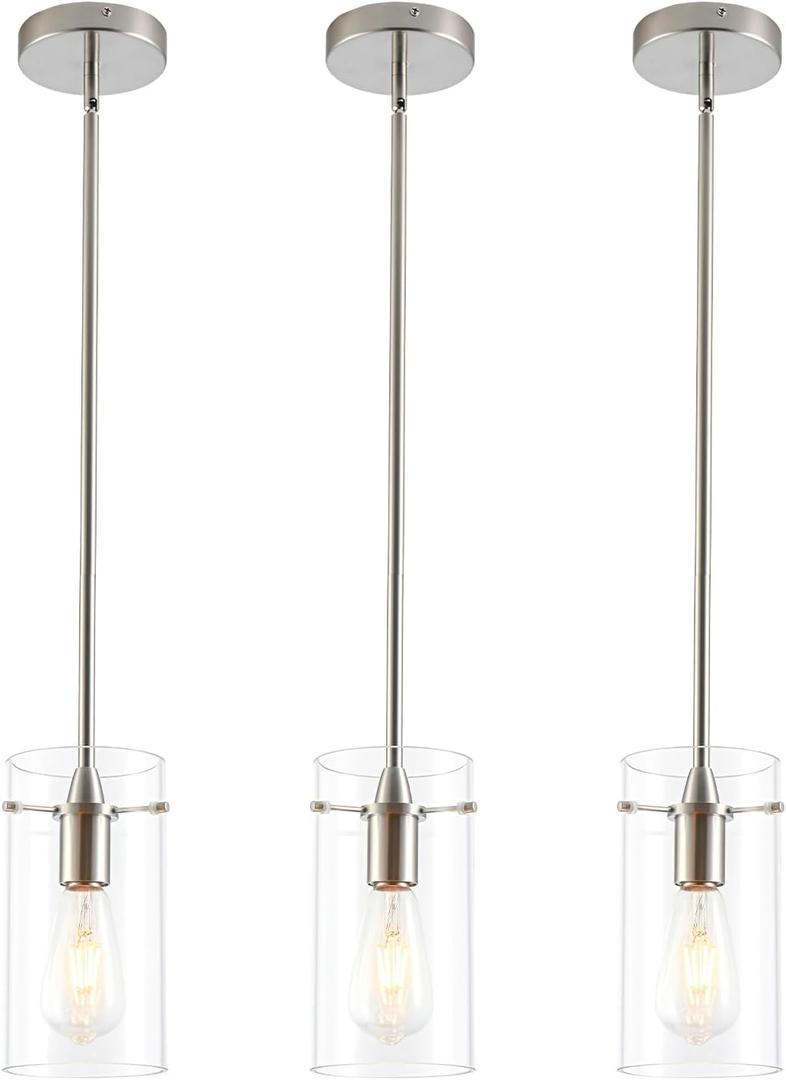 3 Pack Pendant Lights Kitchen Island, Adjustable Hanging Glass Pendant Light Fixtures, Brushed Nickel Pendant Lights Kitchen Island, Modern Kitchen Pendant Lighting Over Island, Medium