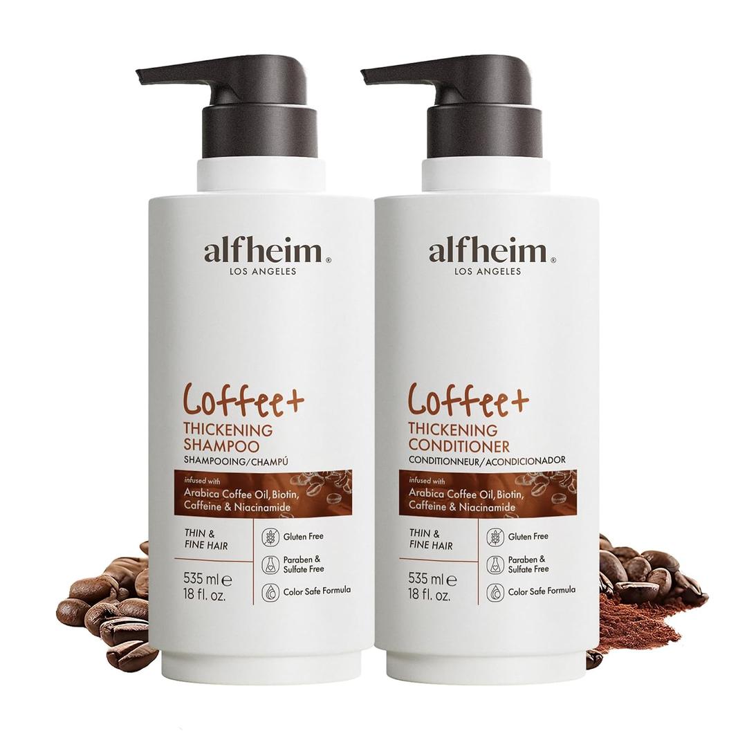 ALFHEIM Coffee+ Thickening Shampoo & Conditioner Set for Fine & Thinning Hair with Caffeine, Biotin & Arabica Coffee Oil Strengthening, Moisturizing & Volumizing Duo Sulfate-Free 18 oz 2