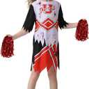 Cheerleader Costume Girls with Pompoms Red Bow Horror Scary Dresses Bloody Outfit Gift for Halloween Party Cosplay (Medium)