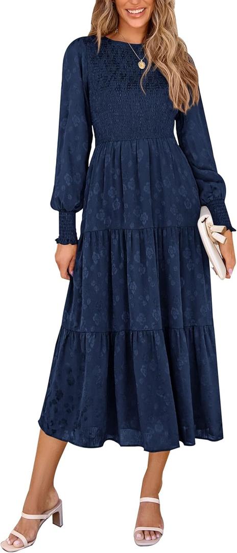 PRETTYGARDEN Women's Fall Spring Midi Dress Long Sleeve Floral Smocked Elegant Wedding Guest Long Flowy Dresses with Pockets (Large, Dark Blue)