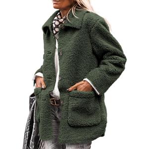 PRETTYGARDEN Women's Winter Faux Fur Coats Long Sleeve Lapel Button Down Pockets Fleece Sherpa Jacket Casual Trendy Outerwear (XX-Large, Dark Army Green)