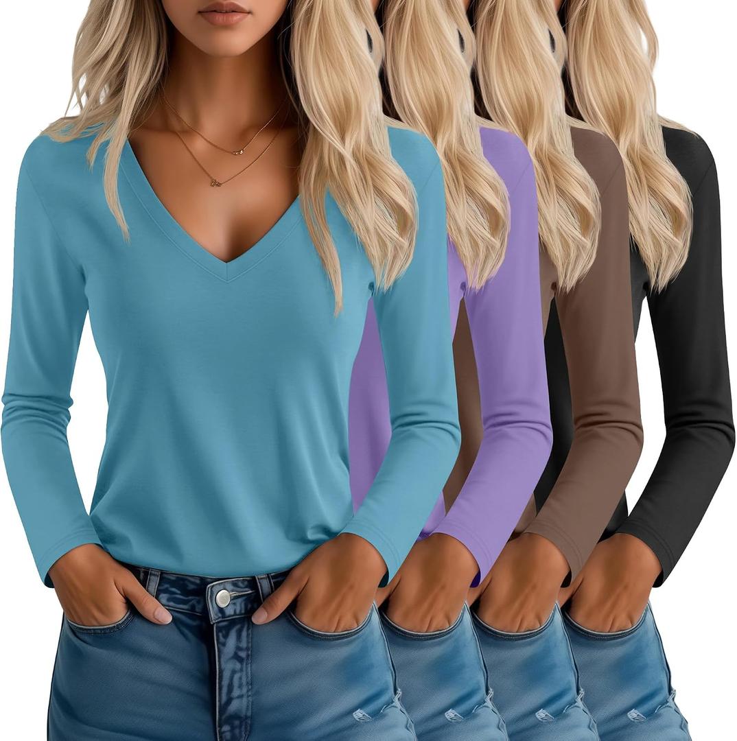 Neer 4 Pack Women's T-Shirts V Neck Long Sleeve Casual Tops Loose Fit Layering Shirts Straight Hem Plain Tees (M)