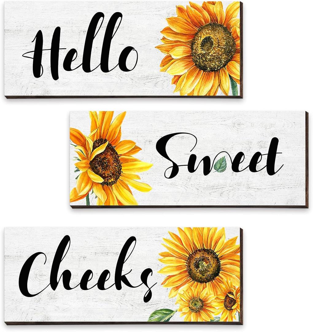 3 Pieces Sunflower Wall Decor Hello Sweet Wooden Wall Art Signs Summer Sunflowers Prints Hanging Plaques Rustic Classic Sunflowers Positive Sign Decor for Bathroom Kitchen, 10 x 4 x 0.2 Inch(White)