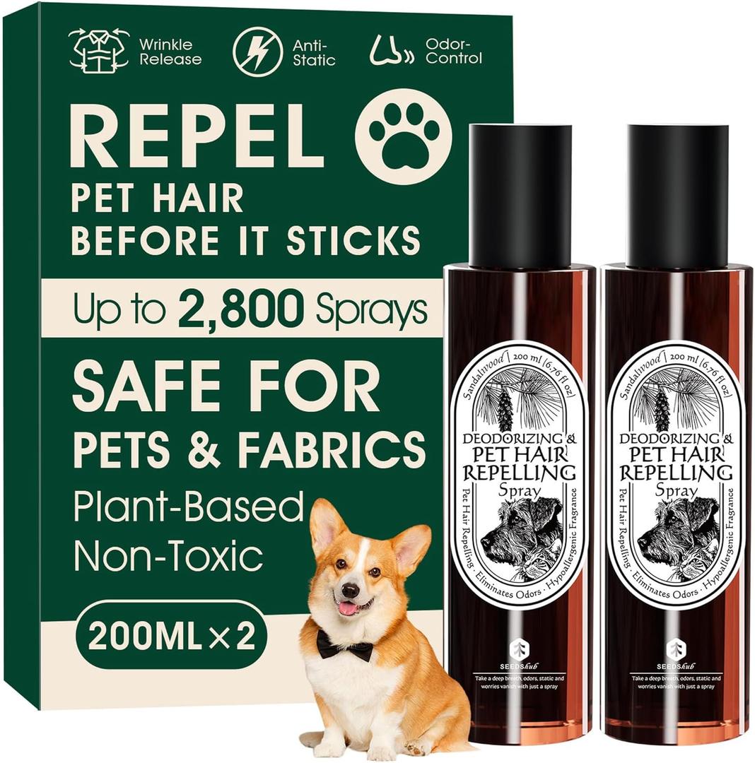 4-in-1 Pet Hair Repellent Spray, Pet Hair Dissolver & Odor Neutralize, Plant Based Enzymes, Safe for Pets, Clothes & Furniture, Refresh Pine Nut Scent, 13.52 fl oz, 2 Full Size Pack