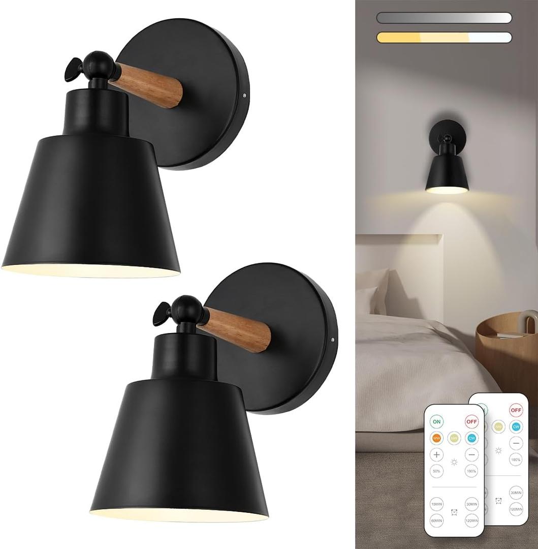 Black Battery Operated Wall Sconce Set of Two, Easy to Install Wireless Lights for Wall, Remote Control Dimmable LED Lights, Auto Timer Wall Lamp Fixtures for Bedroom, Gallery, Living Room, RV