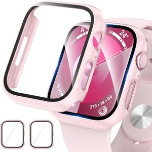 2 Pack Hard PC Case for Apple Watch Series 9 Series 8/7 45mm Screen Protector, EWUONU Tempered Glass Film Hard Bumper Anti-Scratch HD Ultra-Thin Protective Cover for iWatch Series 9/8/7 45mm, Pink