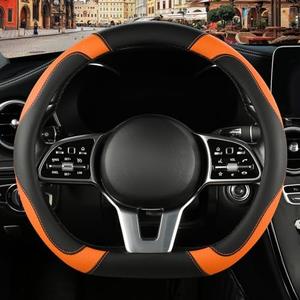 Binsheo Microfiber Leather D Shaped Steering Wheel Cover, Breathable, Anti Slip, Universal 15 inch, Black with Orange