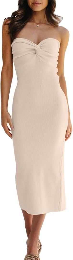 LILLUSORY Knitted Dresses Twisted Front Bodycon Dress with Back Slit (Medium, Apricot)