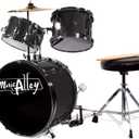 Music Alley 3 Piece Kids Drum Set with Drum Sticks & Drum Throne Seat (Metallic Black)