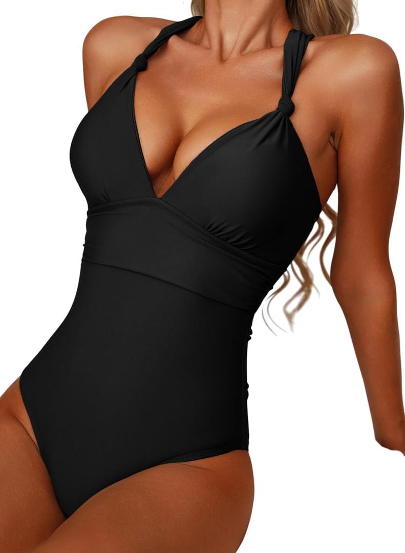 Herseas Women's Twist Cut Out One Piece Swimsuit V Neck Knotted Tummy Control Bathing Suit (Black, XXL)