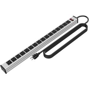 Oviitech 16 Outlets Heavy Duty Metal Socket Power Strip,15-Foot Long Extension Cord with Circuit Breaker. Mounting Brackets Included, Workshop/Industrial use, ETL Certified, Black