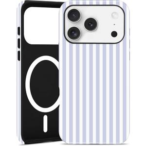 Jusy Compatible with MagSafe Striped Case for iPhone 17 Pro, Cute Aesthetic Striped Magnetic Phone Case, Soft TPU and Hard PC Protective Phone Cover for Women Girls(Matte)- Blue and White