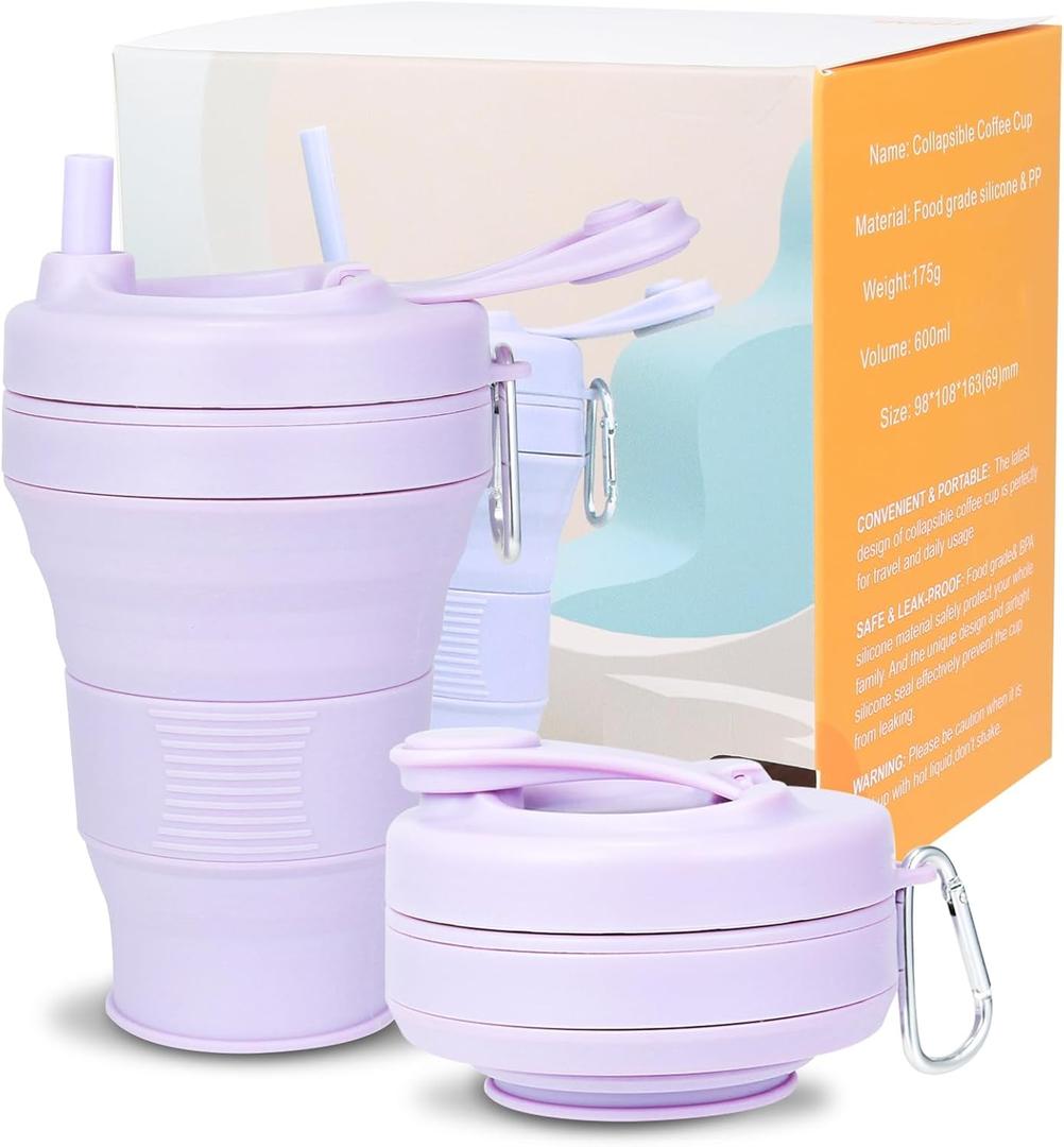 Collapsible Travel Cup - Lilac,20oz/600mlLeak-Proof Reusable To-Go Pocket Size Silicone Bottle for Hot & Cold Drinks - Camping & Hiking - Dishwasher Safe- Straw included