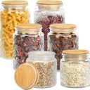 Vintage Glass Storage Jars Set of 6,Kitchen Coffee Jar Storage with Flat Airtight Bamboo Lid,Pantry Food Storage Container with Clear Sunflower Decor for Countertop,Dining Room,Stackable,Heavy Duty