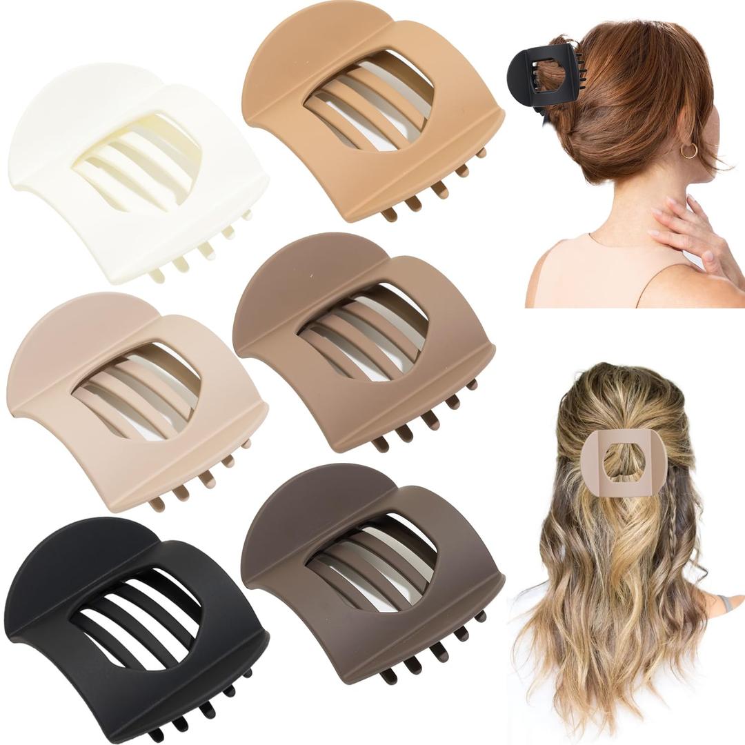 6 PCS Flat Hair Clips for Women, Ergonomic Curved Claw Clips for Thick Thin Curly Hair, Round Flat Strong Hold No Slip Grip Claw Clips for All Hair Textures
