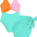 Funnycokid Girls One Piece Swimsuit Color Block Teen Bathing Suit with Pad Cover Up Skirt(7-16Y)