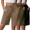 3 Pcs Women Quick Dry Shorts High Waisted Bermuda Shorts for Yoga Athletic Drawstring with Pocket (XX-Large, Black, Army Green, Coffee)
