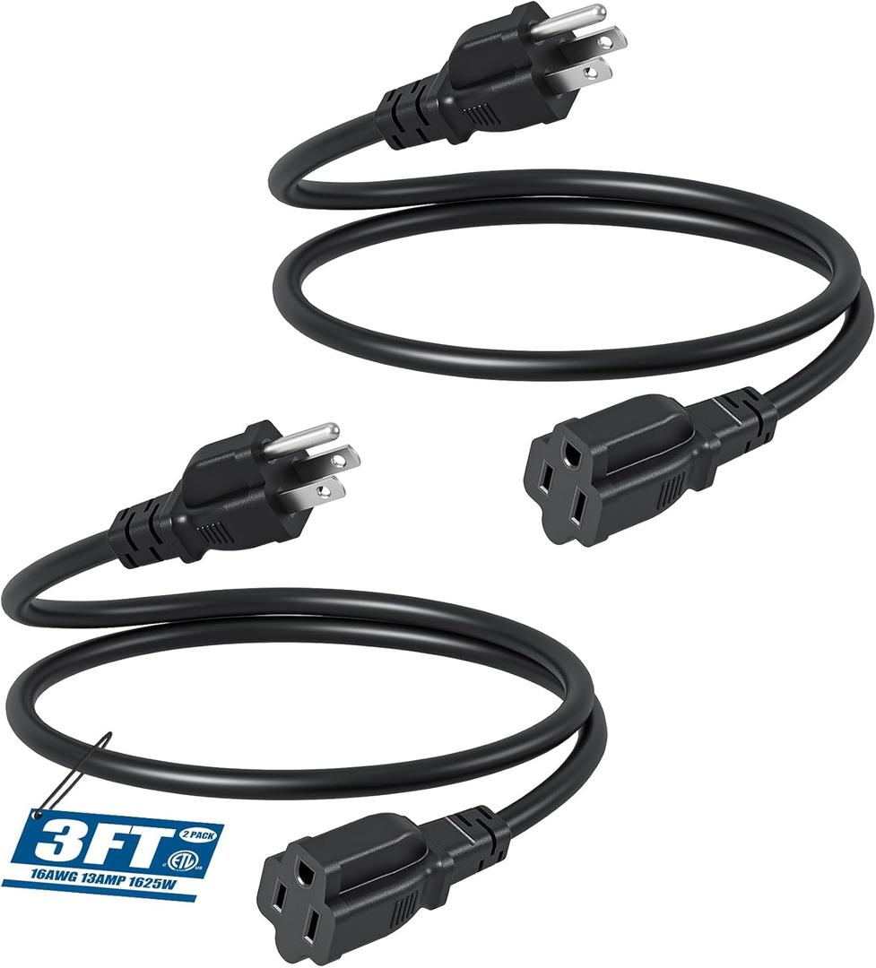 DEWENWILS 3 Foot Extension Cord, 16 AWG SJTW Weatherproof Power Cable for Indoor Use, 3 Prong Grounded Outlets Plugs for Christmas Decor and Lights, Black, ETL Listed, 2 Pack