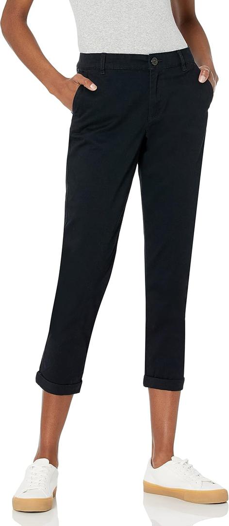 Amazon Essentials Women's Mid-Rise Slim-Fit Stretchy Cropped Tapered Leg Khaki Pants (14, Black)