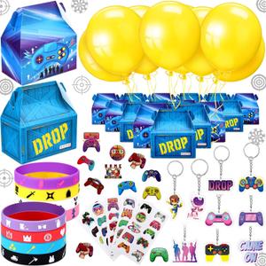 196 Pcs Video Game Party Military Supply Loot Box Gamers Llama Gaming Birthday Keychains Gaming Wristband Stickers Balloons for Game On Party Favor