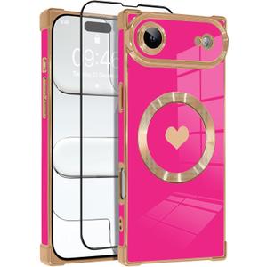 OOK Magnetic Case for iPhone Air 6.5 Inch [Wireless Charging Compatible] Soft TPU Heart Design Phone Cover with Screen Protector Shockproof Protection Slim Case for Women - Hot Pink