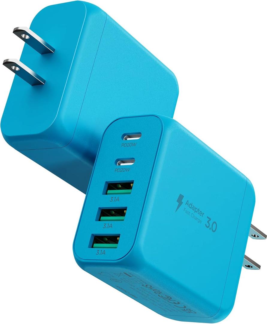 USB C Charger Block, [2-Pack] Type C Charger Fast Charging,50W 5-Port USB Wall Charger Multiport Type C Charging Block Cube for iPhone 17/16/15/14/13/12/11 Pro Max XS, iPad, Samsung & More-Blue
