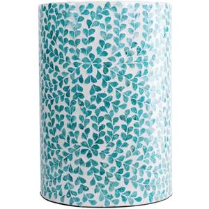 PEMAR Mother of Pearl Inlaid Cylinder Drum End Table Nacre Capiz Shell Side Table Stool Drum Accent Table Coffee Bedside Side Table Round Nightstand and Vanity Stool (Teal Floral), 13"d X19.3"h