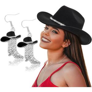 Cowboy Hat Rhinestone Cowgirl Boots Earrings Set Western Earring Felt Fedora Jazz Hat Rodeo Outfit for Women, Size M (Black)