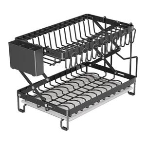 2-Tier Dish Drying Rack, Multifunctional Dish Rack, Height Adjustable, Rustproof Kitchen Dish Drying Rack with Drainboard, Utensil Holder & Cup Holder for Kitchen Counter Black
