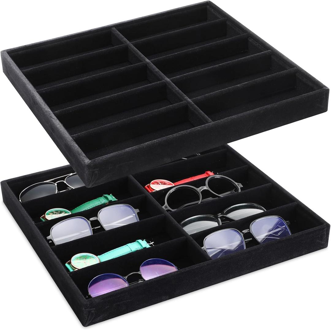 Batiyeer Sunglasses Organizer Storage Tray 10 Grids Eyewear Watch Holder Display Stackable Ice Velvet Tray Women(Black,2 Pcs)