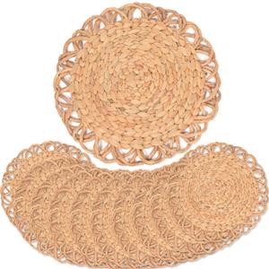 Round Woven Placemats Set of 10, Water Hyacinth Round Placemats, Plate Chargers for Dinner Plates, Individuales para Mesa De Comedor, Thanksgiving Christmas Rattan Charger Plates 13.4 in