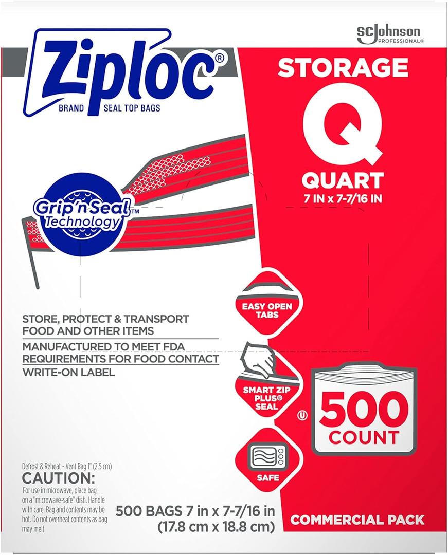 SC Johnson Professional Ziploc Storage Bags, For Food Organization and Storage, Double Zipper, Quart, 500 Count (Medium)