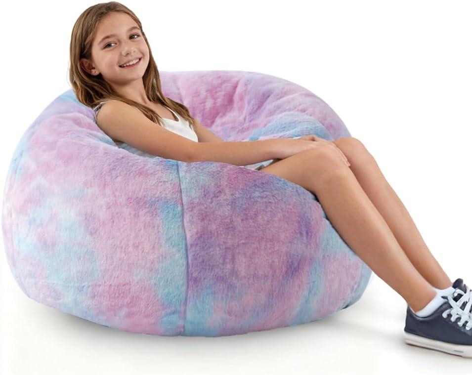 Modern Soft Fluffy Bean Bag Chair With Faux Rabbit Fur Cover, Memory Foam Bean Bag Chairs For Kids Teens, Furry Fuzzy Faux Fur Fabric Beanbag, Round Rainbow Plush Sofa For Bedroom, Living Room, Dorm