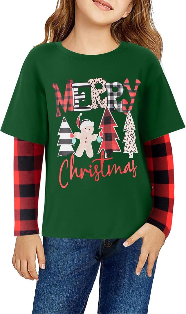 Arshiner Girls Christmas Halloween Long Sleeve Shirts Graphic Stripe Plaid Patchwork Top Tee (14)