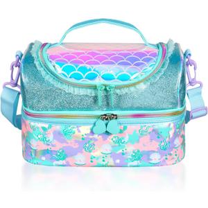 Kids Double Decker Cooler Insulated Lunch Bag, Back to School Large Meal Tote for Boys, Girls, Men, Women, with Adjustable Strap, Mermaid