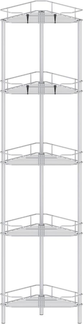 HuggieGems 5 Tier Floor Standing Corner Shower Caddy Organizer Shelf with Hooks, Bathroom Shelves Stand Rack, Silver