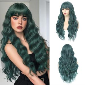 Long Green Wavy Wig With Bangs for Women 26 Inch Curly Wavy Wig With Bangs Natural Looking Synthetic Heat Resistant Fiber Wig for Daily Party Use