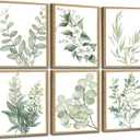 Induslyfe Framed Eucalyptus Sage Green Botanical Plant Wall Art Canvas Decor Set Of 6, Leaves Wall Art Prints Posters Art, Eucalyptus Decor Flower Wall Art For Bathroom Bedroom Living Room Decor 9x12