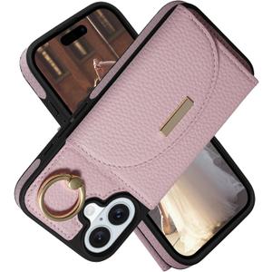 Keallce Wallet Case for iPhone 16 6.1'', Flip Case with Card Slots, Ring Holder Kickstand, PU Leather Protective Folio Cover for Women, Pink