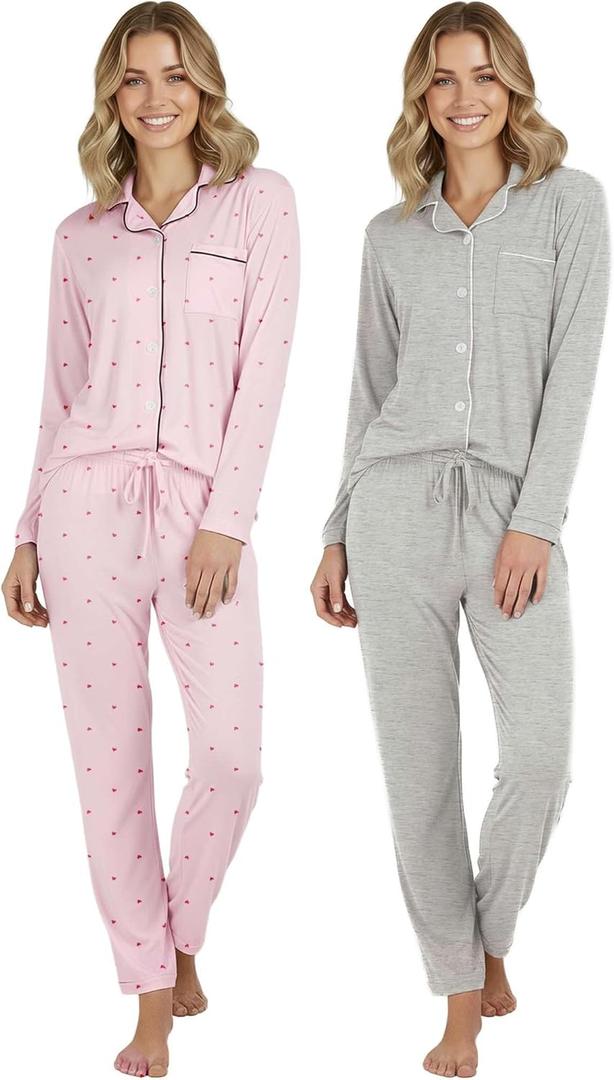 Real Essentials 2 Pack: Women's Soft Pajama Set | Button Down Top and Lounge Sleep PJ Pants | Matching Sleepwear (M Size)