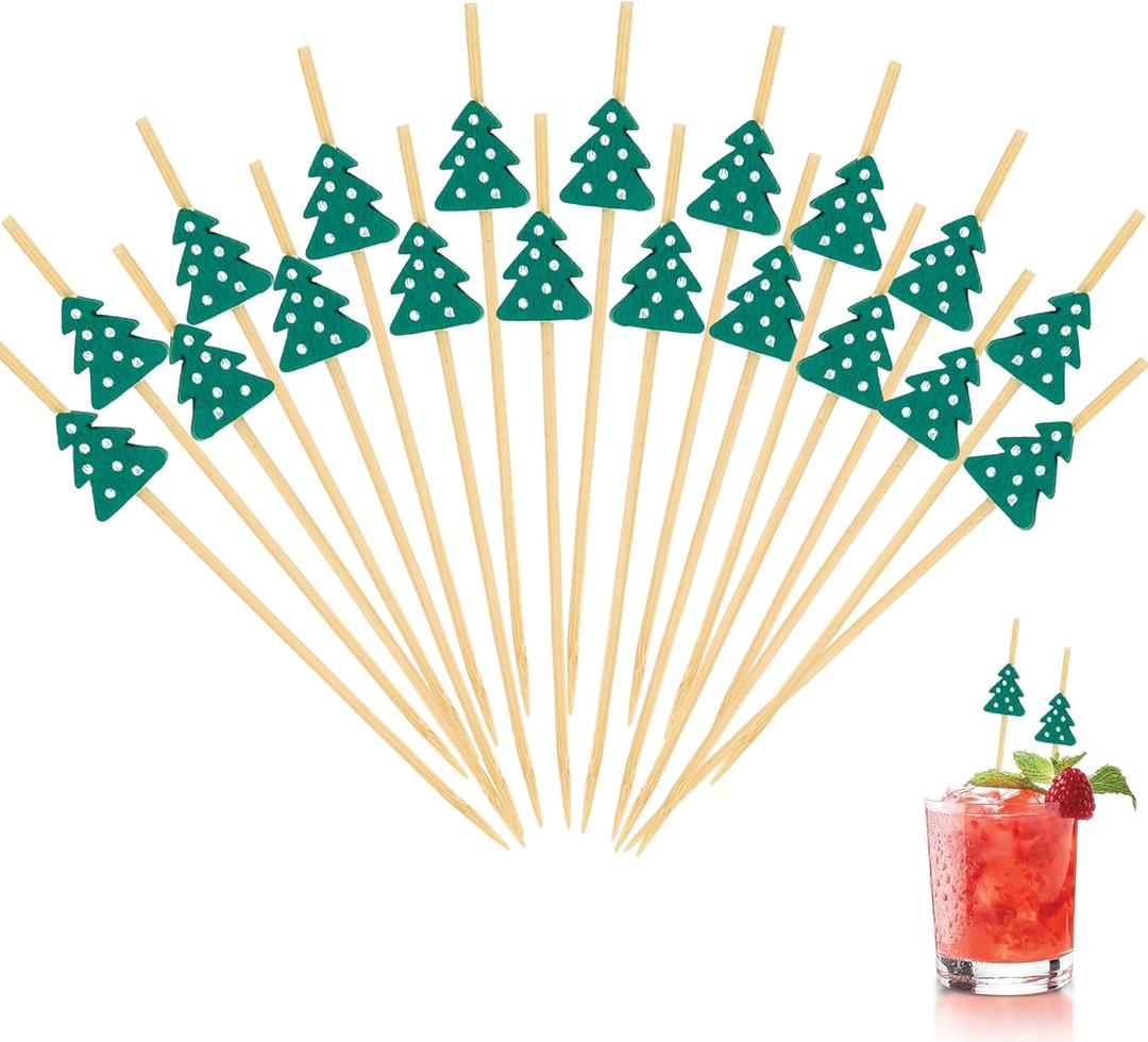 Christmas Tree Cocktail Picks, 100 Pcs Christmas Tree Cocktail ToothPicks for Appetizers, Bamboo Decorative Toothpicks Skewers Stick for Food Fruit and Drinks Garnish, Christmas Holiday Party Supplies