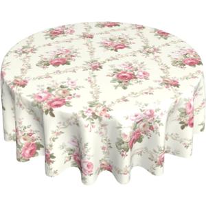 Sweetshow Pink Vintage Rose Flower Tablecloth Spring Summer Floral Round Tablecloth 60 Inch Spring Table Cloth for Holiday Parties Dining Table Living Room Kitchen Decor