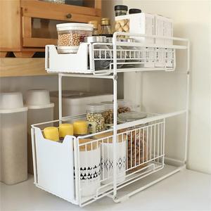Stackable 2-Tie Under Sink Cabinets Organizer with Sliding Storage Drawer, Pull Out Cabinets Organizer Shelf, Sliding Kitchen Countertop Storage Basket-White Large