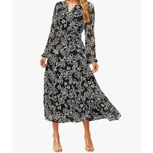 Simplee Women's Floral Boho Long Sleeve Maxi Dress V Neck Empire Waist Swing Flowy Wedding Guest Dress XL Black White Floral