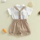 Newborn Baby Boy Gentleman Outfit Summer Short Sleeve Button Up Bowtie Dress Shirt Romper Plaid Suspender Shorts Set (White)