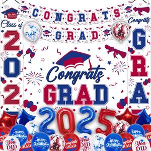 Graduation Decorations Class of 2025, Blue Red Graduation Party Decorations Set Includes Congrats Grad Backdrop Banner, 2025 Foil Balloons and Latex Balloons, Graduation Party Supplies