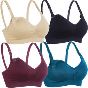 Womens Nursing Bra for Breastfeeding Seamless Clip Down Push Up Padded Maternity Bras 4-Pack (XX-Large, Black+dark Red+green+beige)