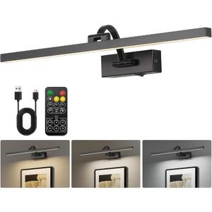 Wireless Picture Lights for Wall,23.5 Inch Black Art Light for Paintings,Battery Operated Picture Lights with Remote Control,Dimmable Rechargeable Art Lamps for Picture Frame,Gallery
